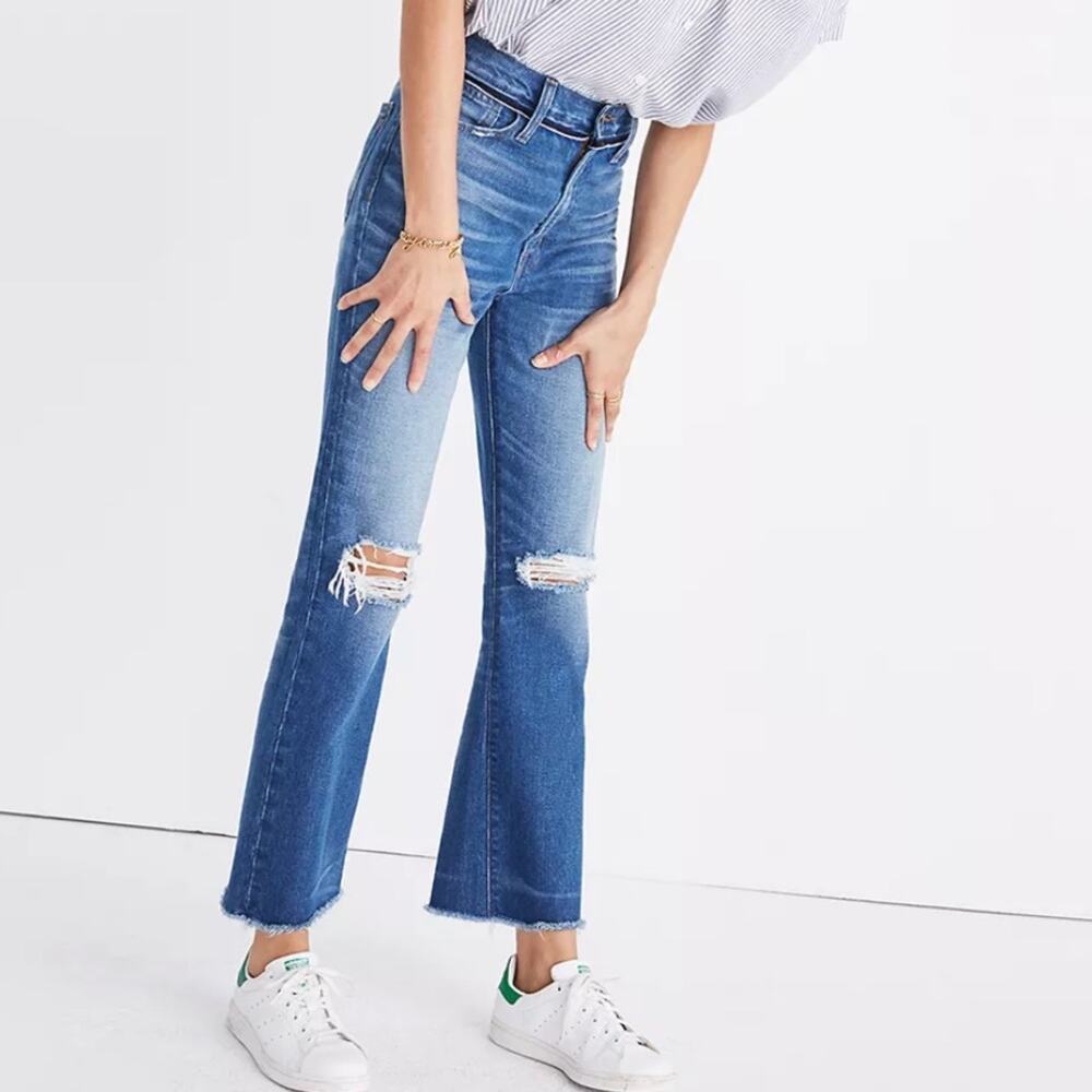 Madewell retro crop bootcut jeans size 25 ripped knee blue denim